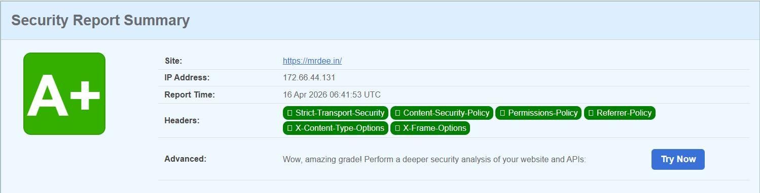securityheaders.com A+ scorecard for mrdee.in