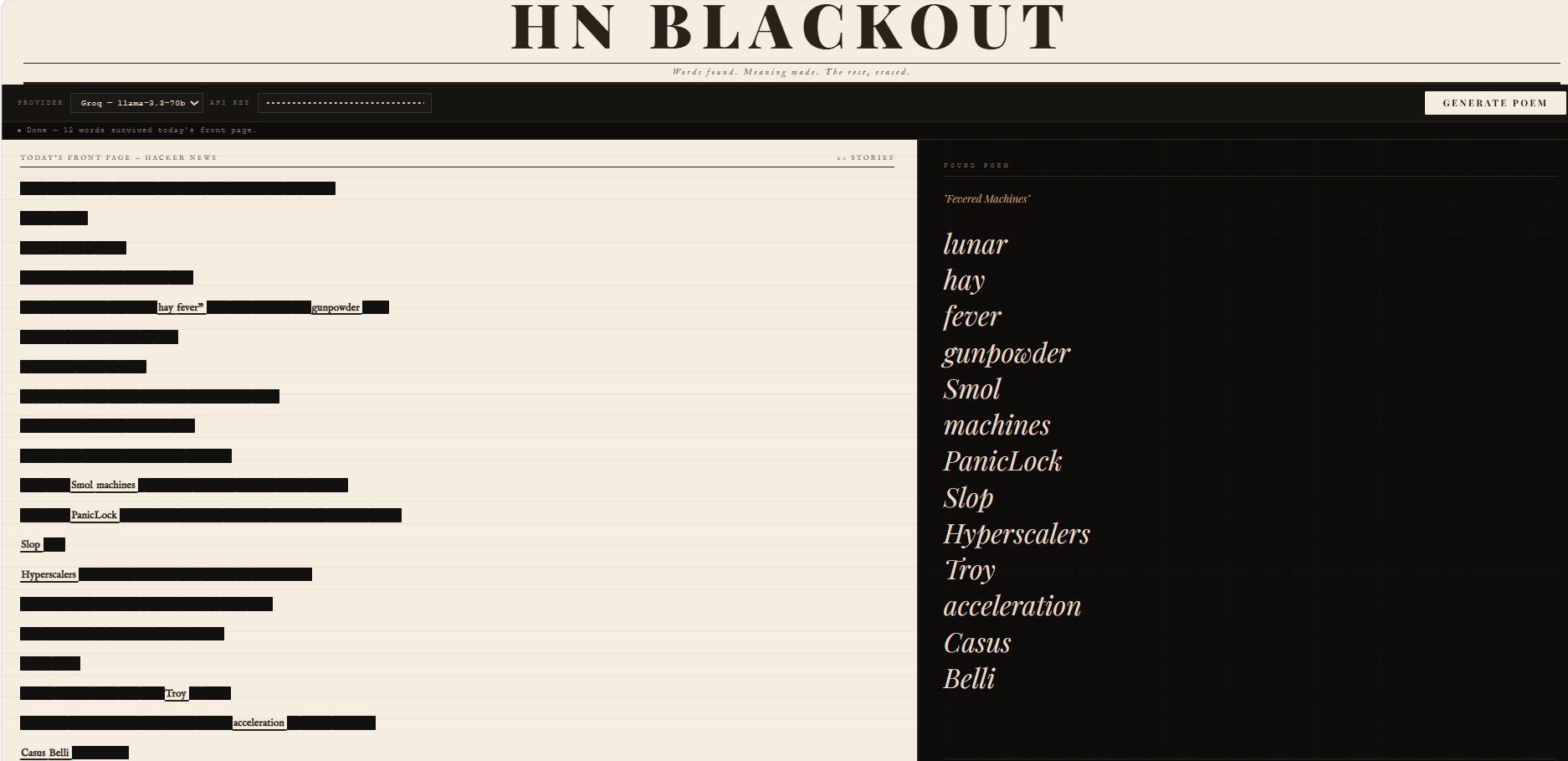 HN Blackout showing the newspaper panel with blacked-out headlines and the found poem 'Fevered Machines' on the right