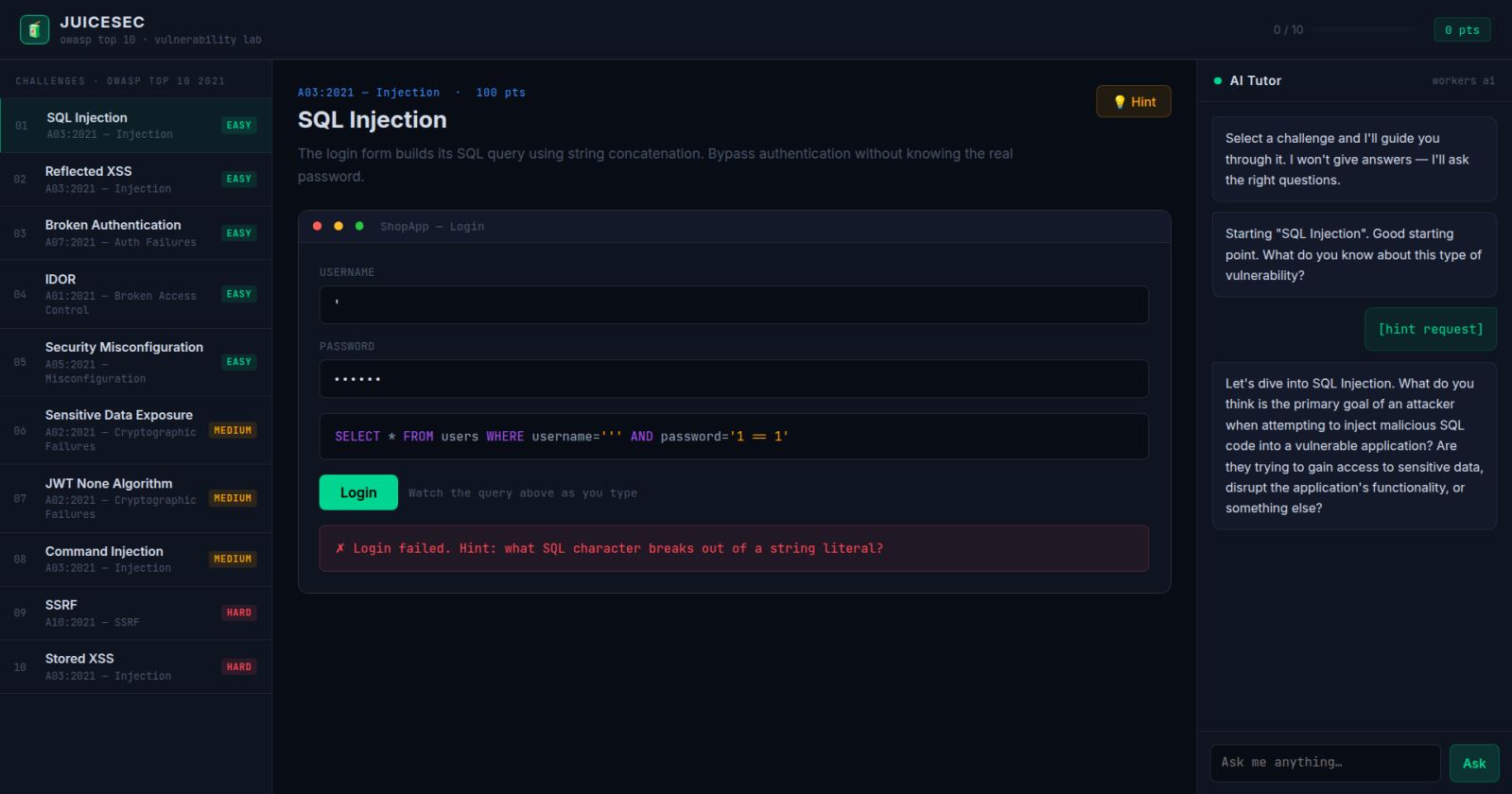JuiceSec showing the SQL Injection challenge with the live query display and AI tutor panel on the right
