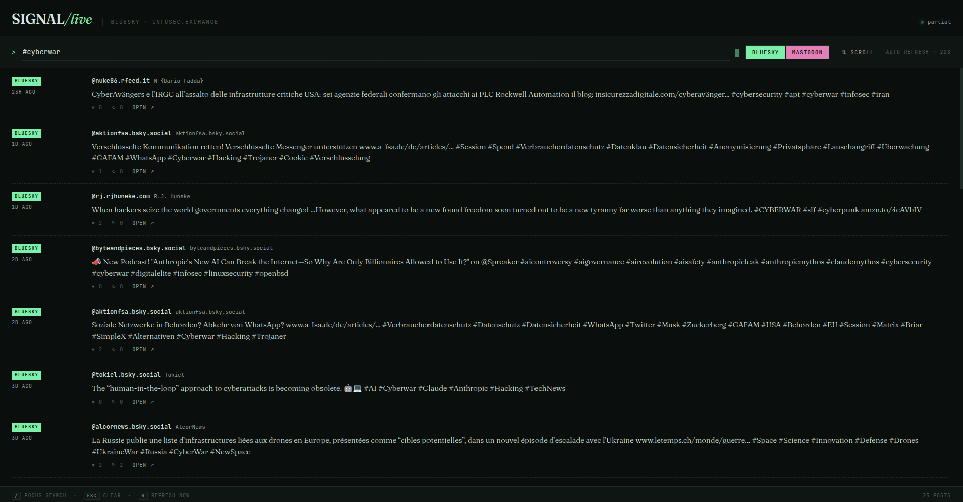 SIGNAL/live showing a live merged feed of infosec posts from Bluesky and Mastodon